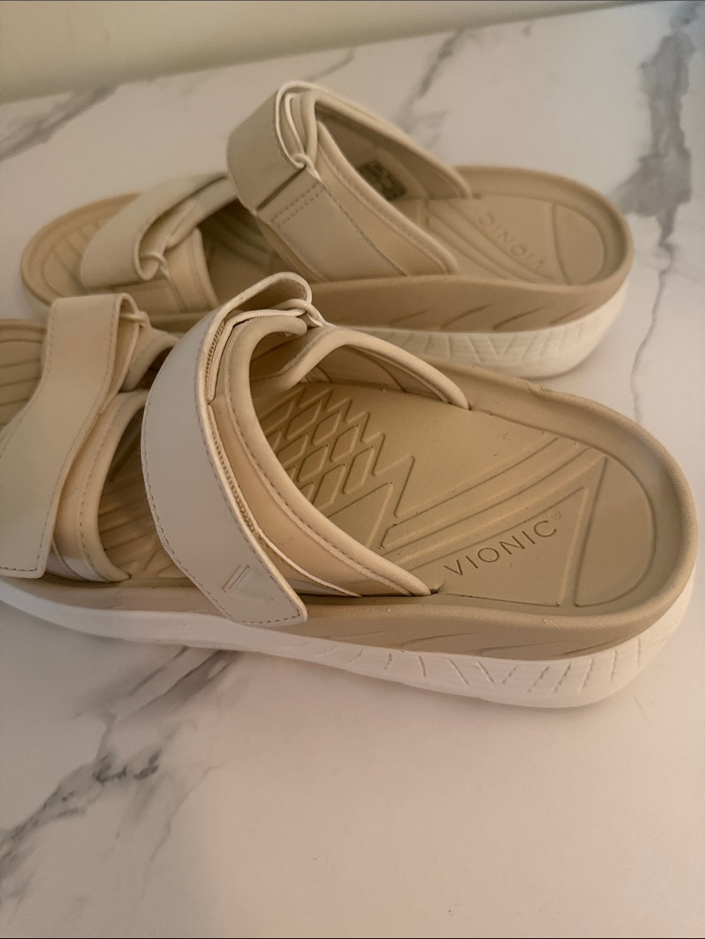 Vionic woman's Beige Cream Slide Sandals with Adjustable Strap